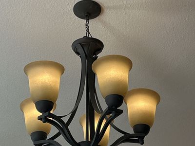 Rustic Bronze 5-Light Chandelier with Frosted Amber Glass Shades