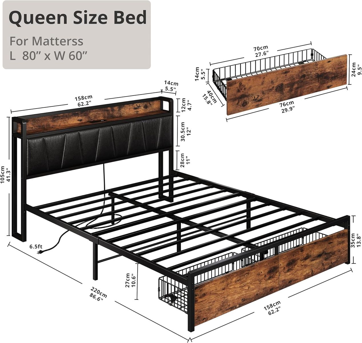 Full Size Bed Frame with Storage Headboard & Charging Station – Excellent Condition