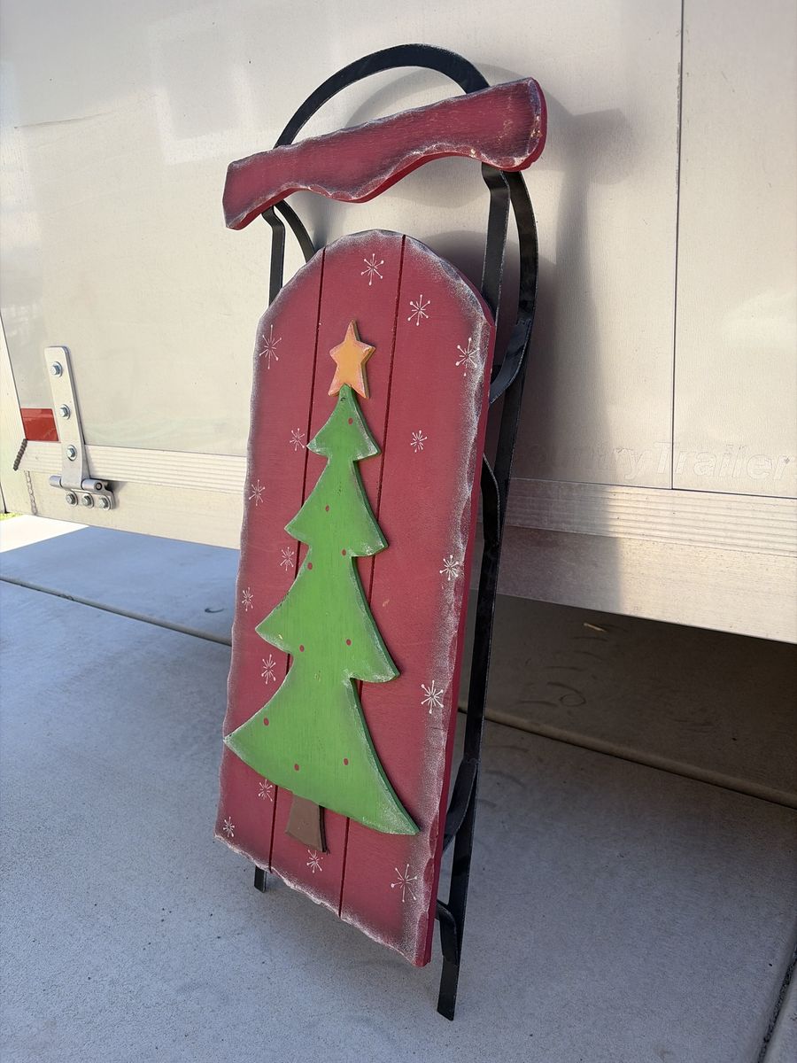 Red Wooden Christmas Sleigh Decor - 34" Tall, Festive Tree & Snowflakes