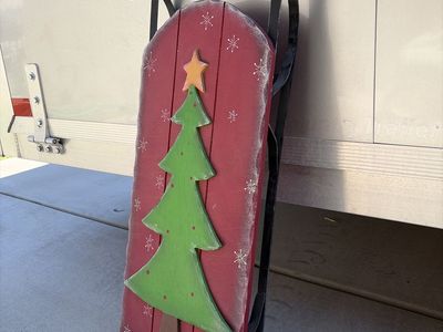 Red Wooden Christmas Sleigh Decor - 34" Tall, Festive Tree & Snowflakes