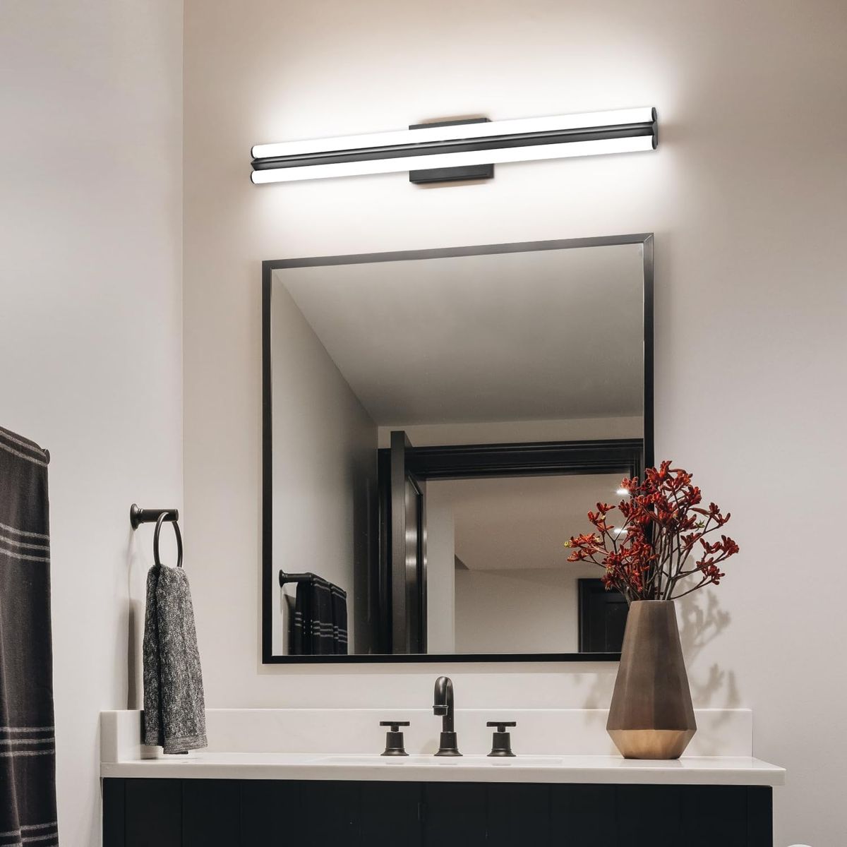 32" LED Matte Black Vanity Light over Mirror