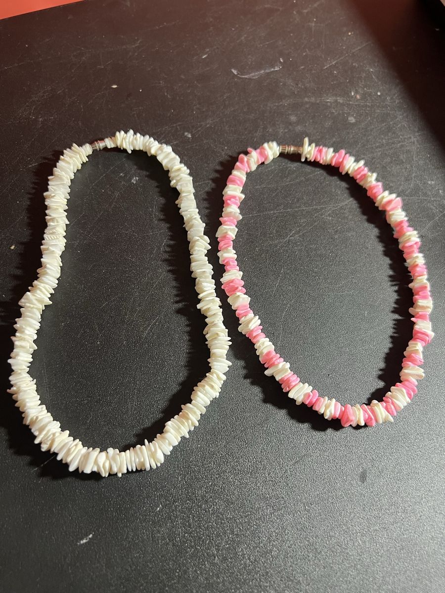 Set of 2 Puka Shell Necklaces - White & Pink/White Beaded Choker Style Necklaces