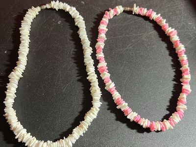Set of 2 Puka Shell Necklaces - White & Pink/White Beaded Choker Style Necklaces