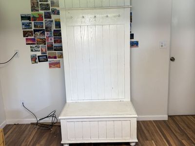 White Wood Hall Tree with Storage Bench and Coat Hooks - Farmhouse Entryway Organizer