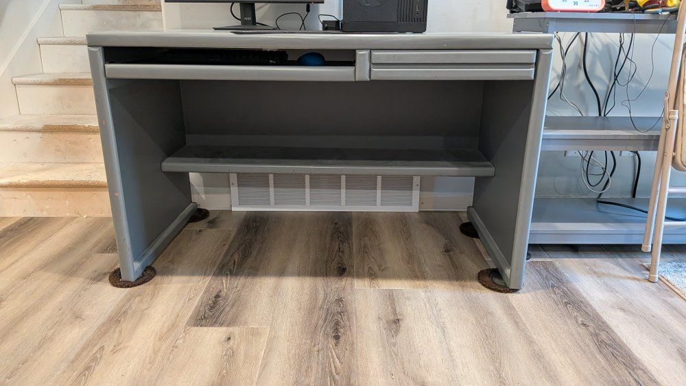 Gray Wooden Office Desk with Keyboard Tray, Drawer & Bottom Shelf