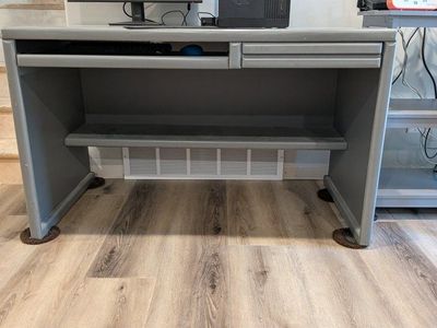 Gray Wooden Office Desk with Keyboard Tray, Drawer & Bottom Shelf