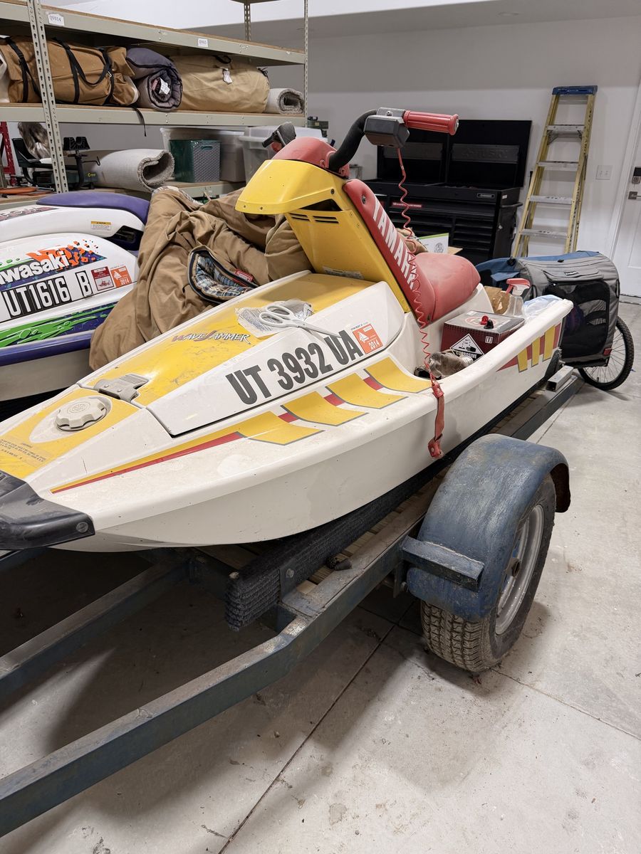 Vintage Yamaha WaveJammer AND Vintage Kawasaki Personal Watercraft Jet Ski - White/Yellow/Red and White/Purple/Green AND Trailer