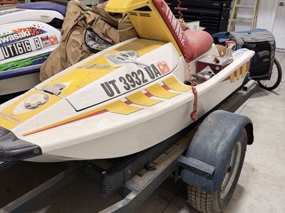 Vintage Yamaha WaveJammer AND Vintage Kawasaki Personal Watercraft Jet Ski - White/Yellow/Red and White/Purple/Green AND Trailer
