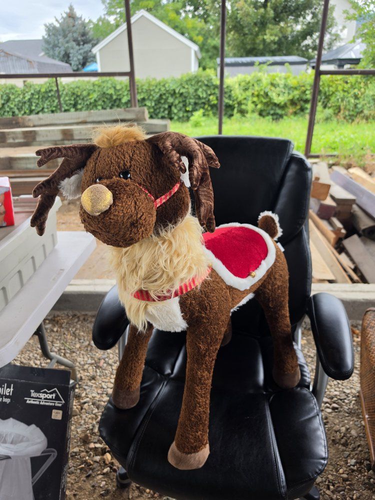 Large Holiday Reindeer Plush Stuffed Animal with Red Saddle