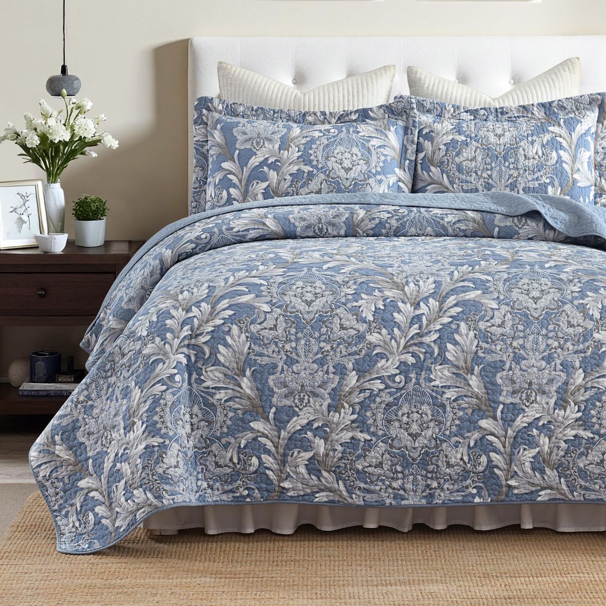 Qiqiong Blue King Quilt Set 100% Cotton, Floral Bedding and 2 Pillow Shams