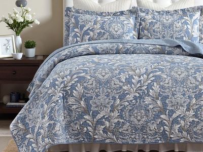 Qiqiong Blue King Quilt Set 100% Cotton, Floral Bedding and 2 Pillow Shams