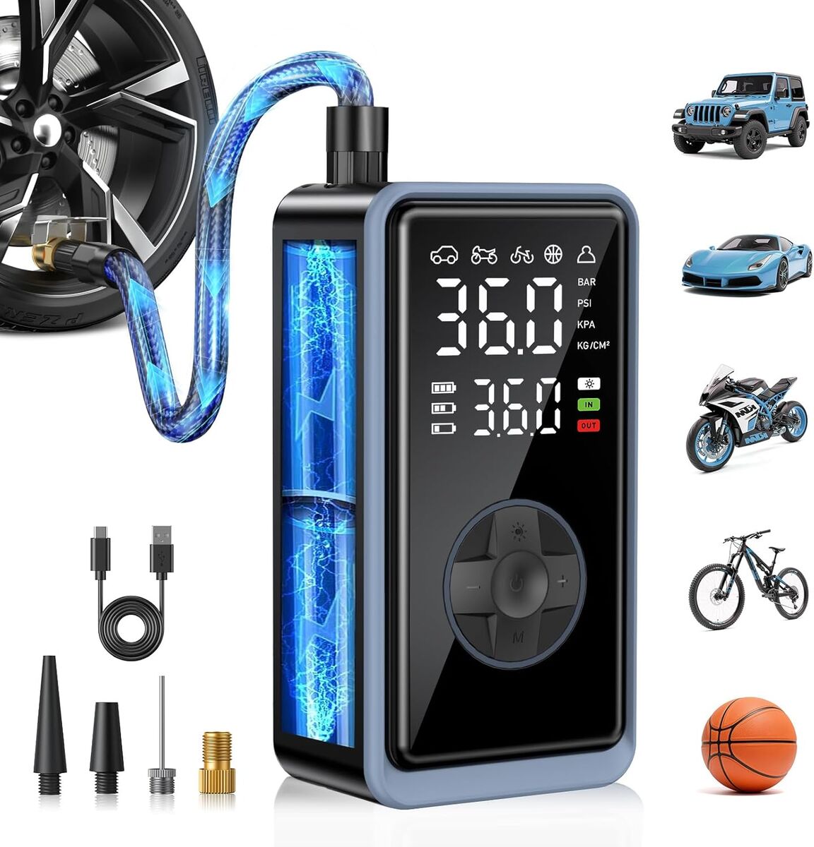 NEW Tire Inflator Portable Air Compressor - 150PSI Cordless, Pressure Gauge/LED Light