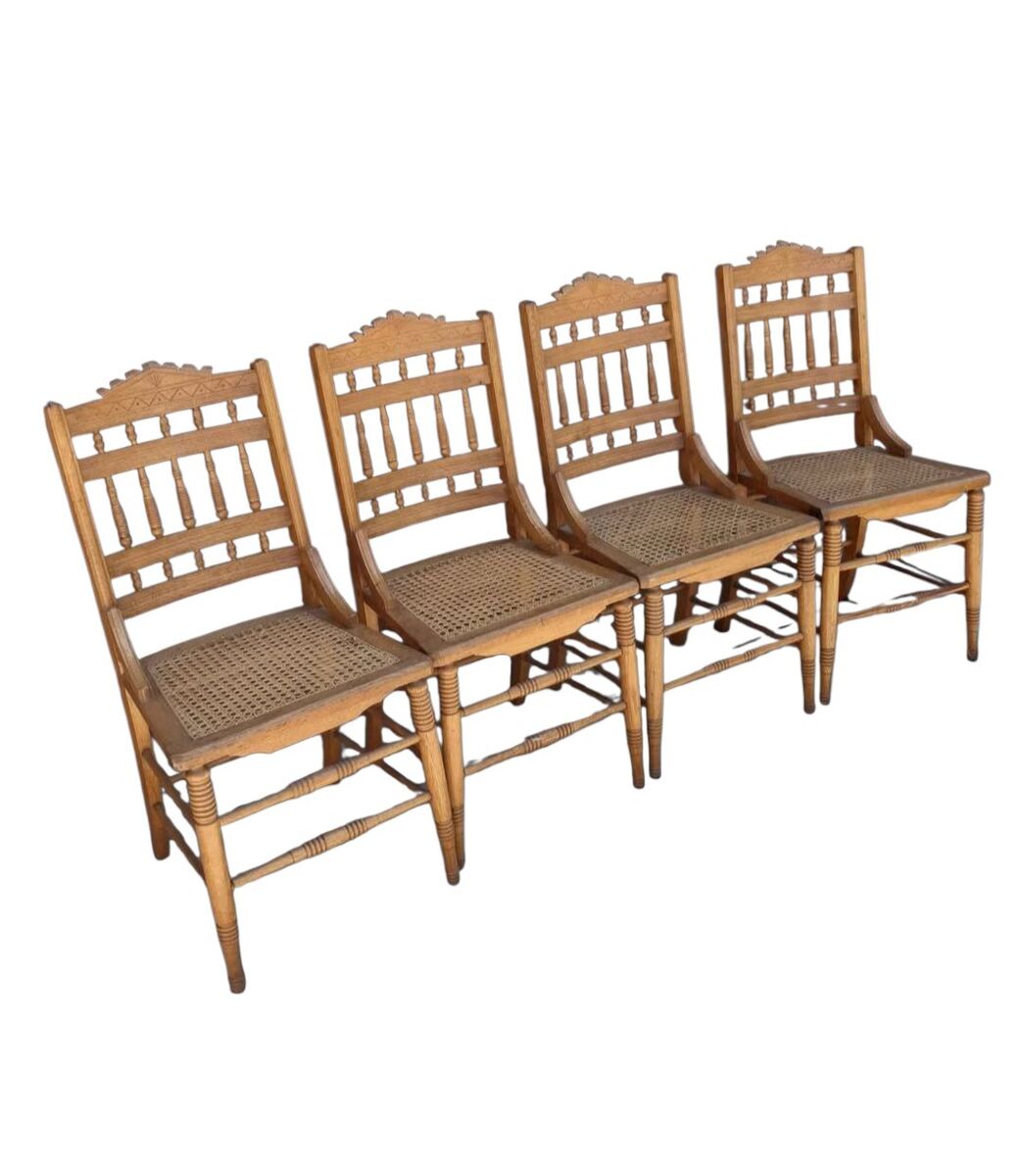 Set of 4 Antique Wood Chairs with Cane Seats