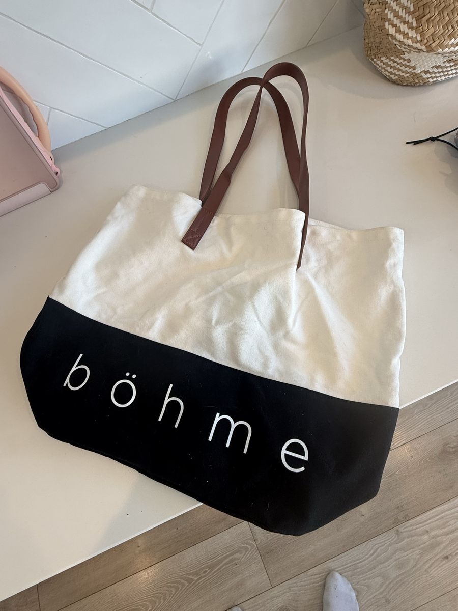 Bohme White & Black Canvas Tote Bag with Brown Faux Leather Straps - Large Capacity Everyday Bag