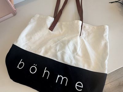 Bohme White & Black Canvas Tote Bag with Brown Faux Leather Straps - Large Capacity Everyday Bag