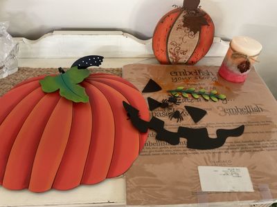 Halloween magnetic 15” pumpkin, scented candle, wooden pumpkin