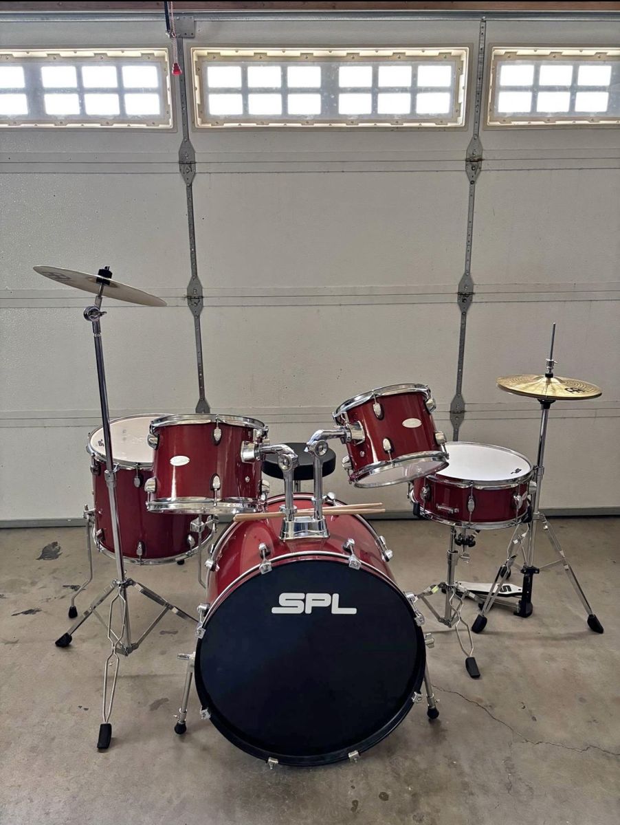 OBO SPL 5-Piece Drum Set - Red - Includes Bass, Snare, Tom, Floor Tom, Hi-Hat & Crash Cymbals
