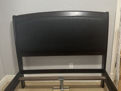 Full Size Dark Wood Bed Frame with Upholstered Headboard