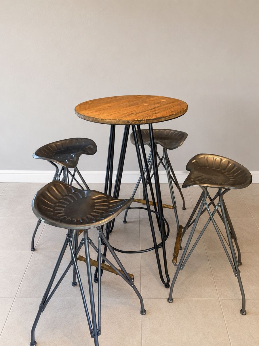 Industrial Farmhouse Pub Table Set with 4 Metal Tractor Seat Bar Stools