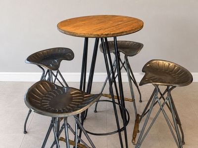 Industrial Farmhouse Pub Table Set with 4 Metal Tractor Seat Bar Stools