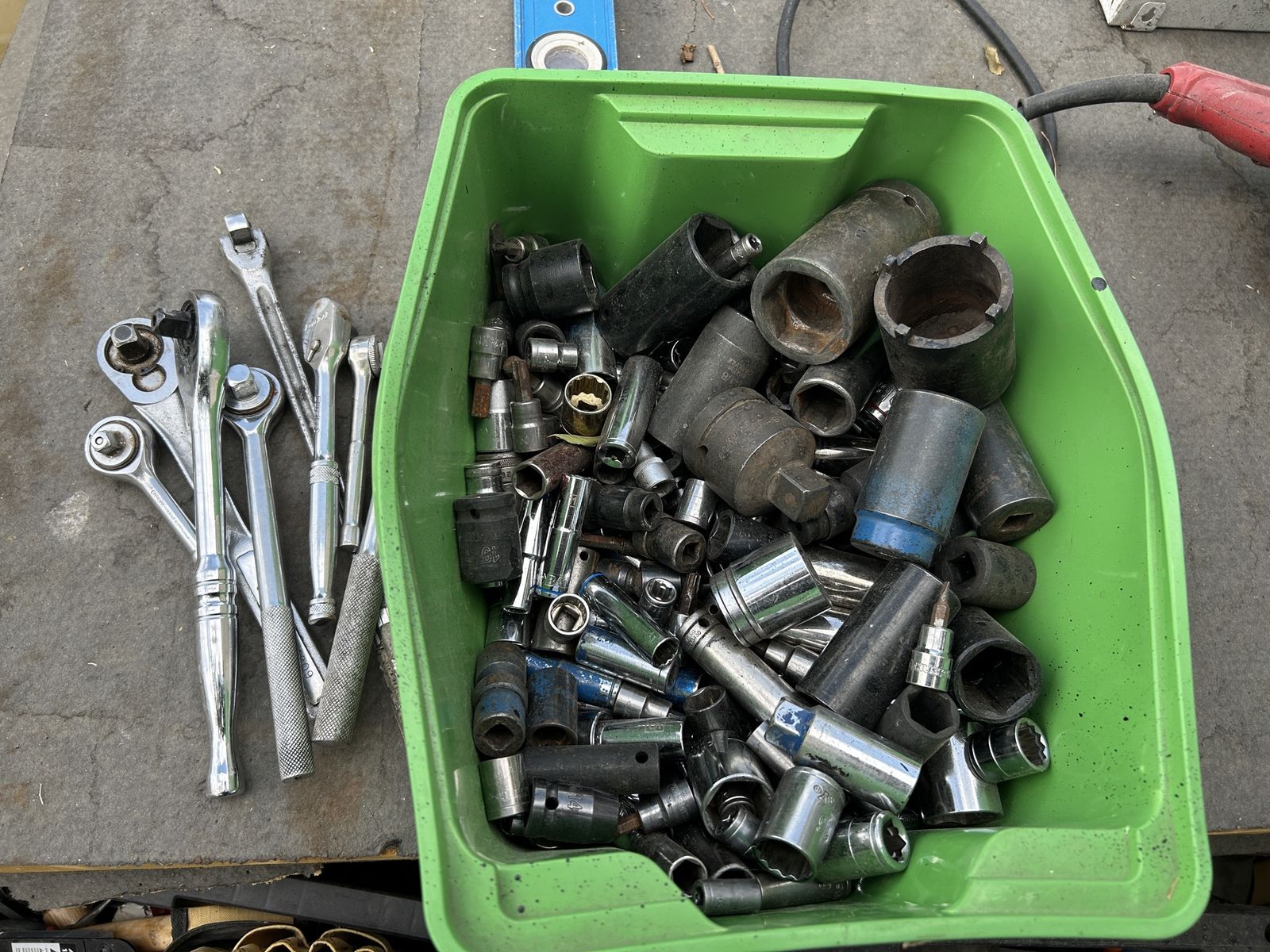 Assorted Socket Set and Ratchets Lot with Green Storage Bin