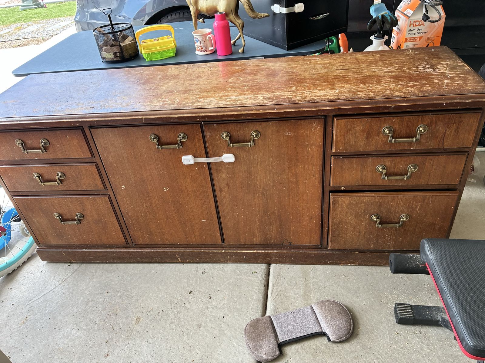 Vintage Wooden Dresser / Console Table - 6 Drawers & 2 Cabinet Doors