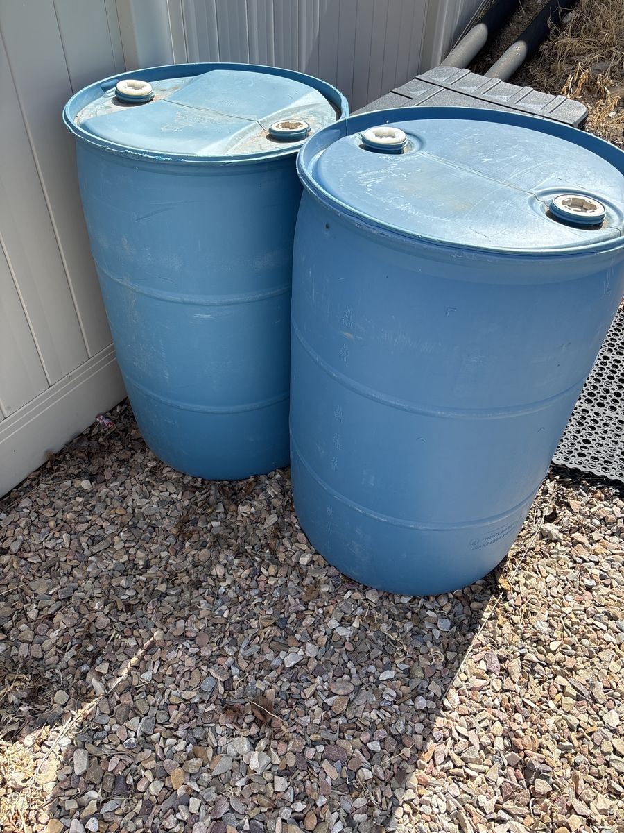 Two 55-Gallon Blue Plastic Barrels - Rain Barrels / Storage Drums