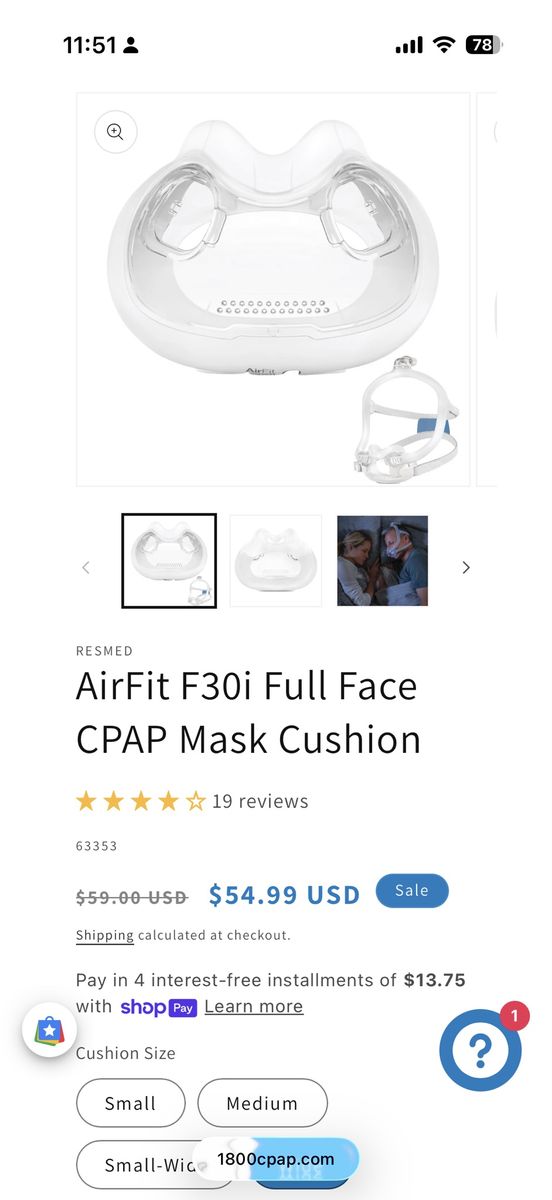 ResMed AirFit F30i Full Face CPAP Mask Cushion, Wide, REF 63353 - Brand New Sealed