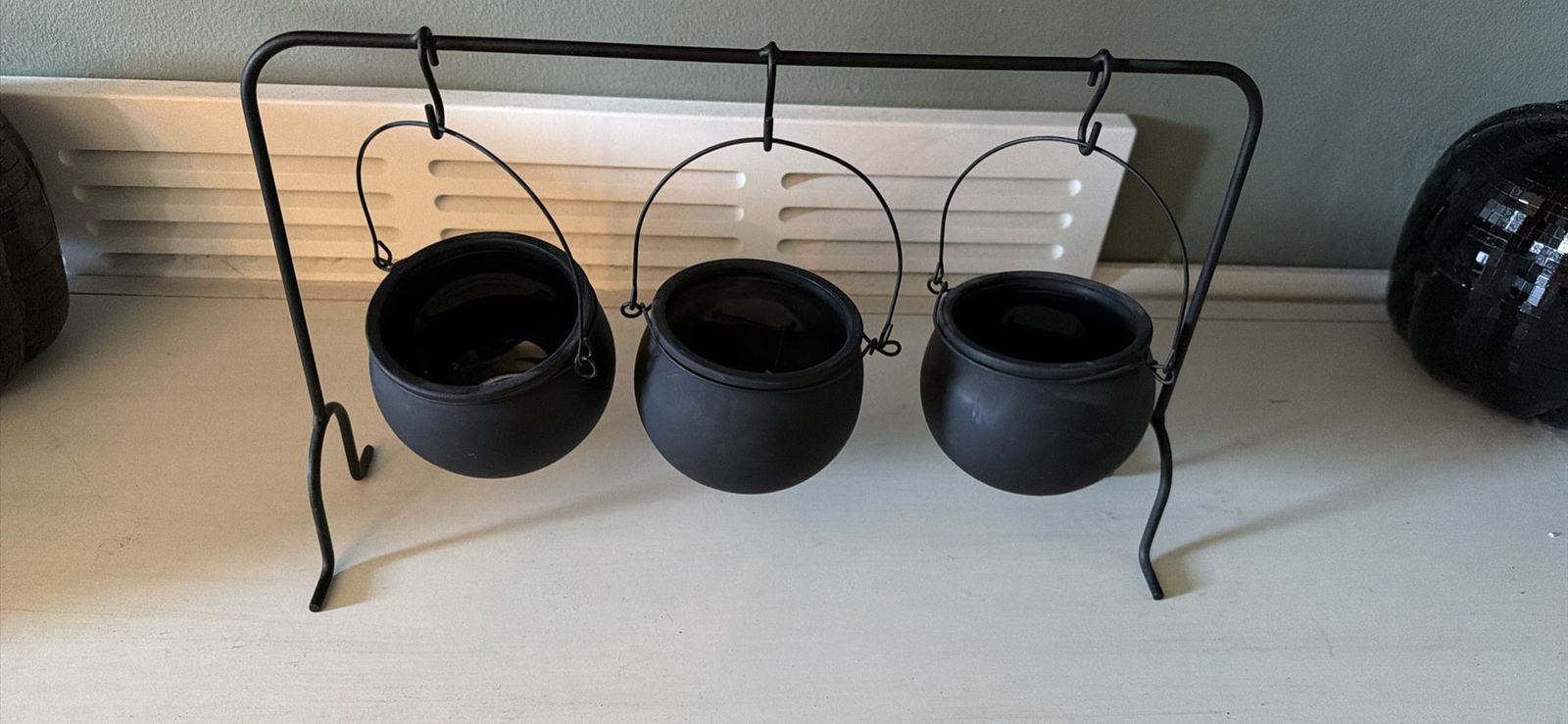 Halloween Black Hanging Cauldron Stand Set with Three Mini Cauldrons