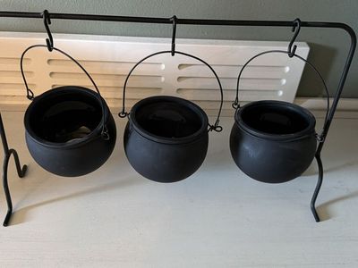 Halloween Black Hanging Cauldron Stand Set with Three Mini Cauldrons
