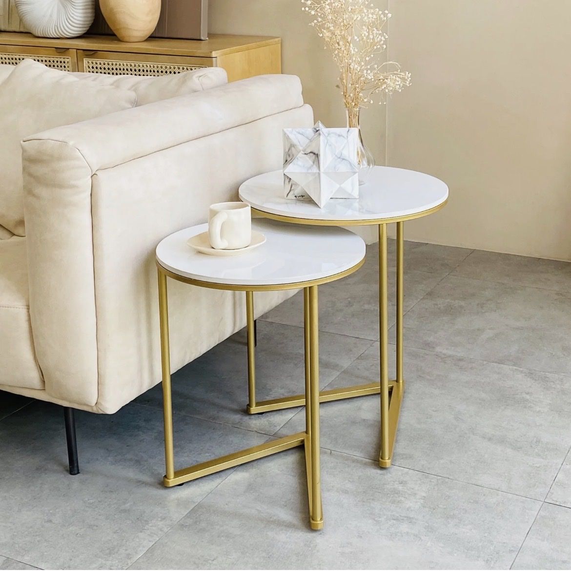 New Nesting Side Tables Set of 2, Marble Top, Gold Legs, Round