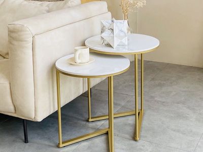 New Nesting Side Tables Set of 2, Marble Top, Gold Legs, Round