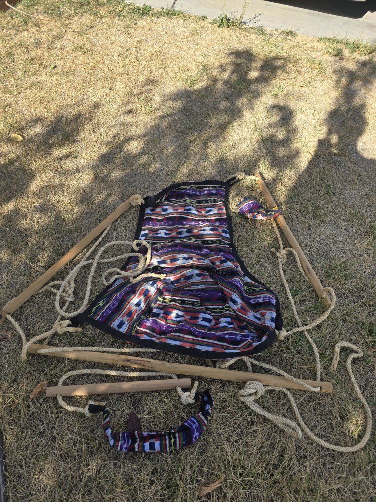 Handmade Woven Fabric and Wooden Hanging Hammock Chair Swing from Guatemala. 