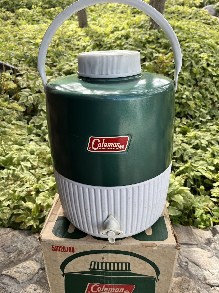 Vintage 2 gallon Coleman Emerald Green & White Water Cooler Jug with Spigot - Classic Camping
