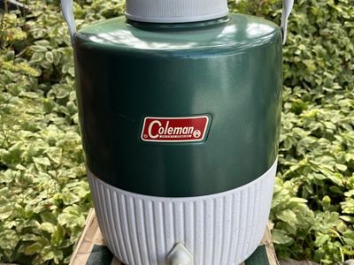 Vintage 2 gallon Coleman Emerald Green & White Water Cooler Jug with Spigot - Classic Camping