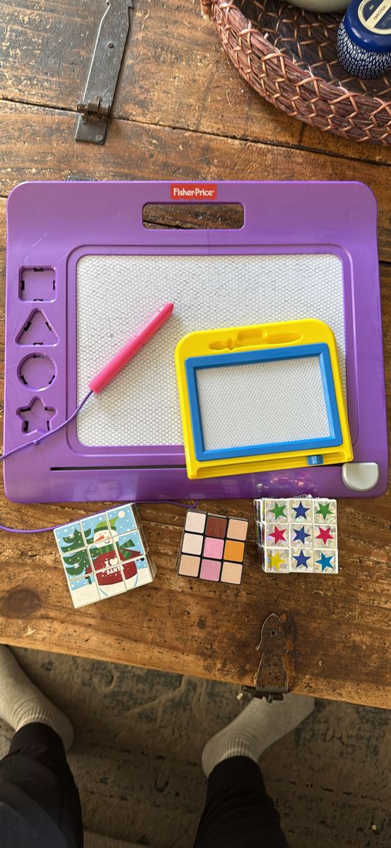 Fisher Price drawing board and Rubics Cubes