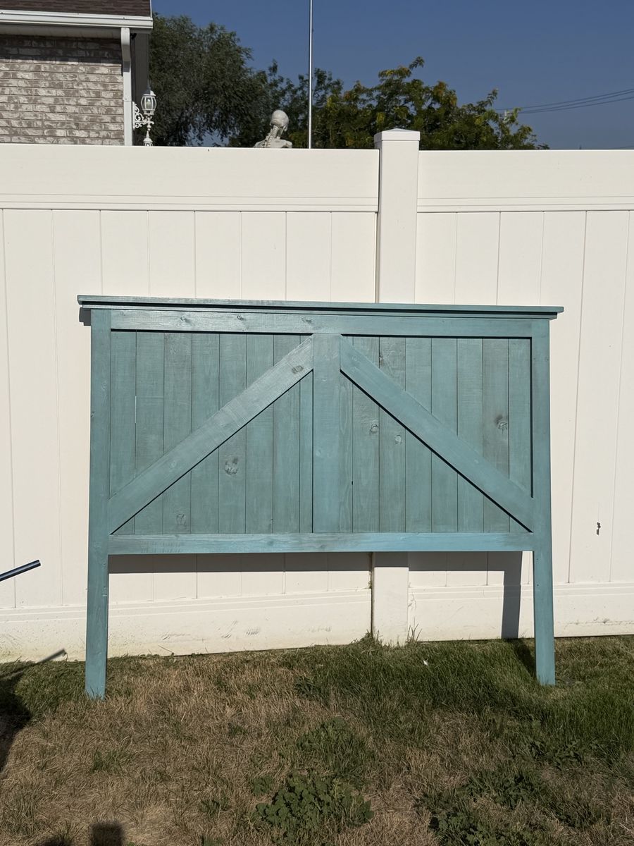 Rustic Blue Wooden Barn Door Style Headboard