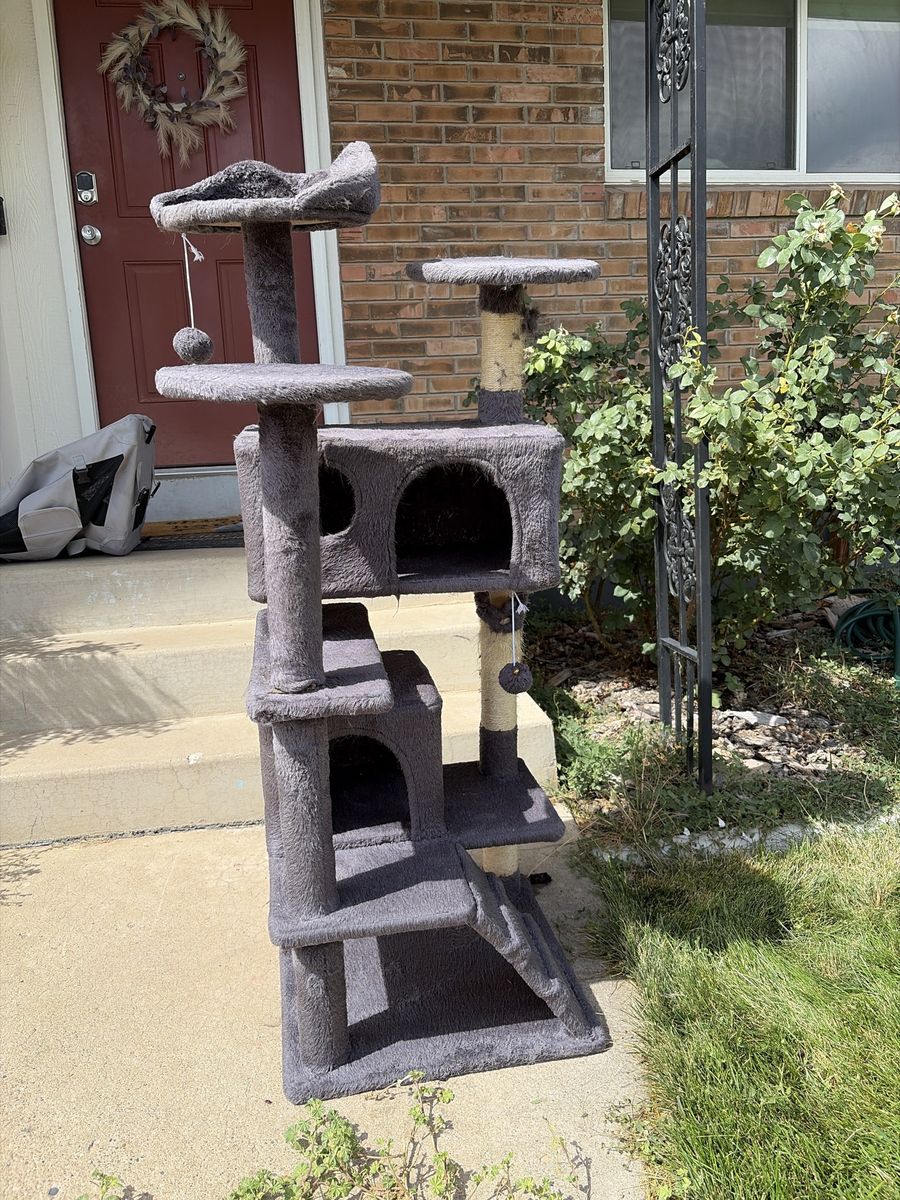 Gray Multi-Level Cat Tree with Scratching Posts and Condos