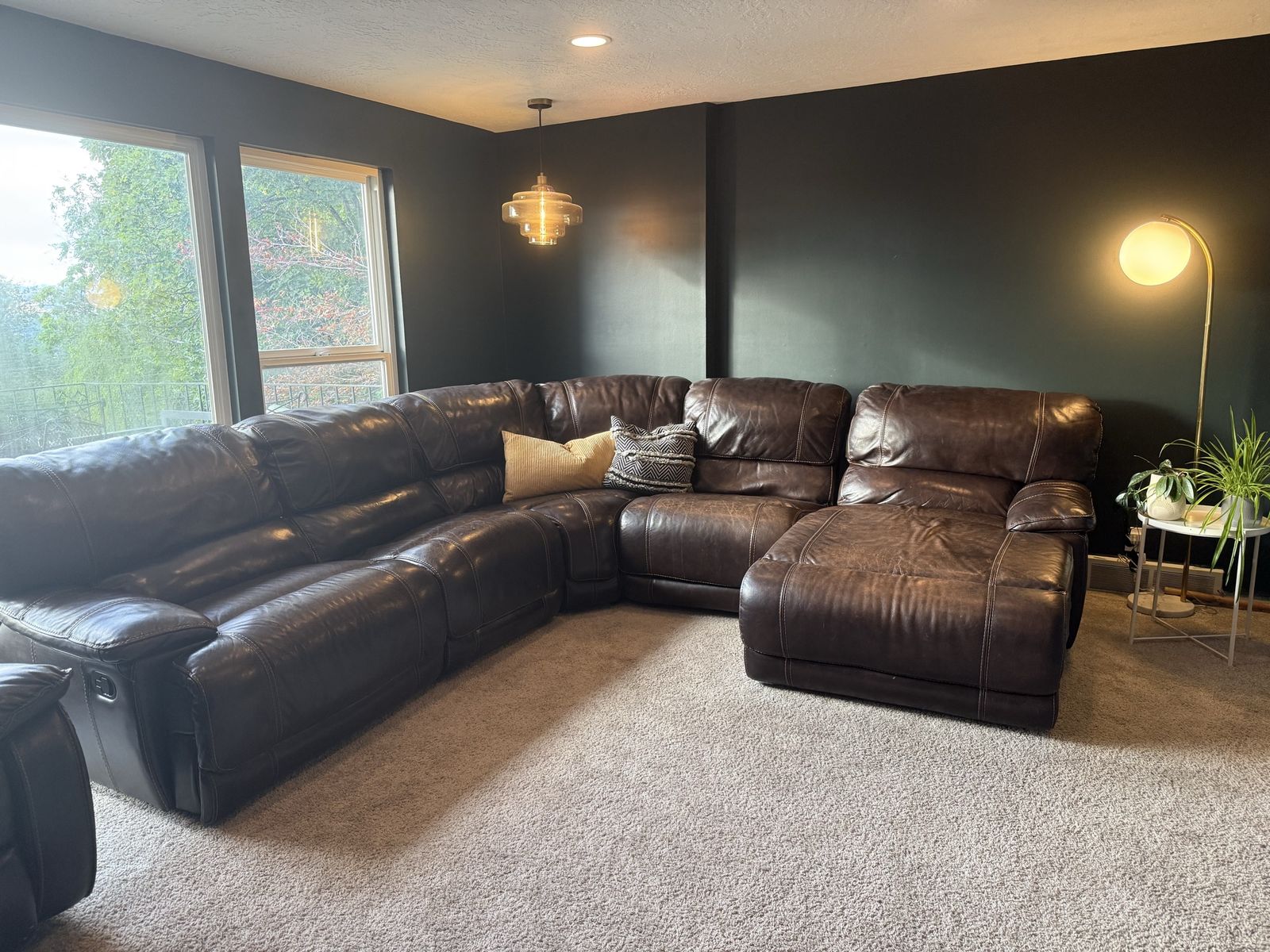 Comfortable Brown Leather Sectional with Matching Glider Recliner