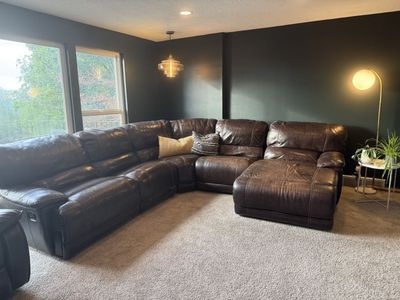 Comfortable Brown Leather Sectional with Matching Glider Recliner