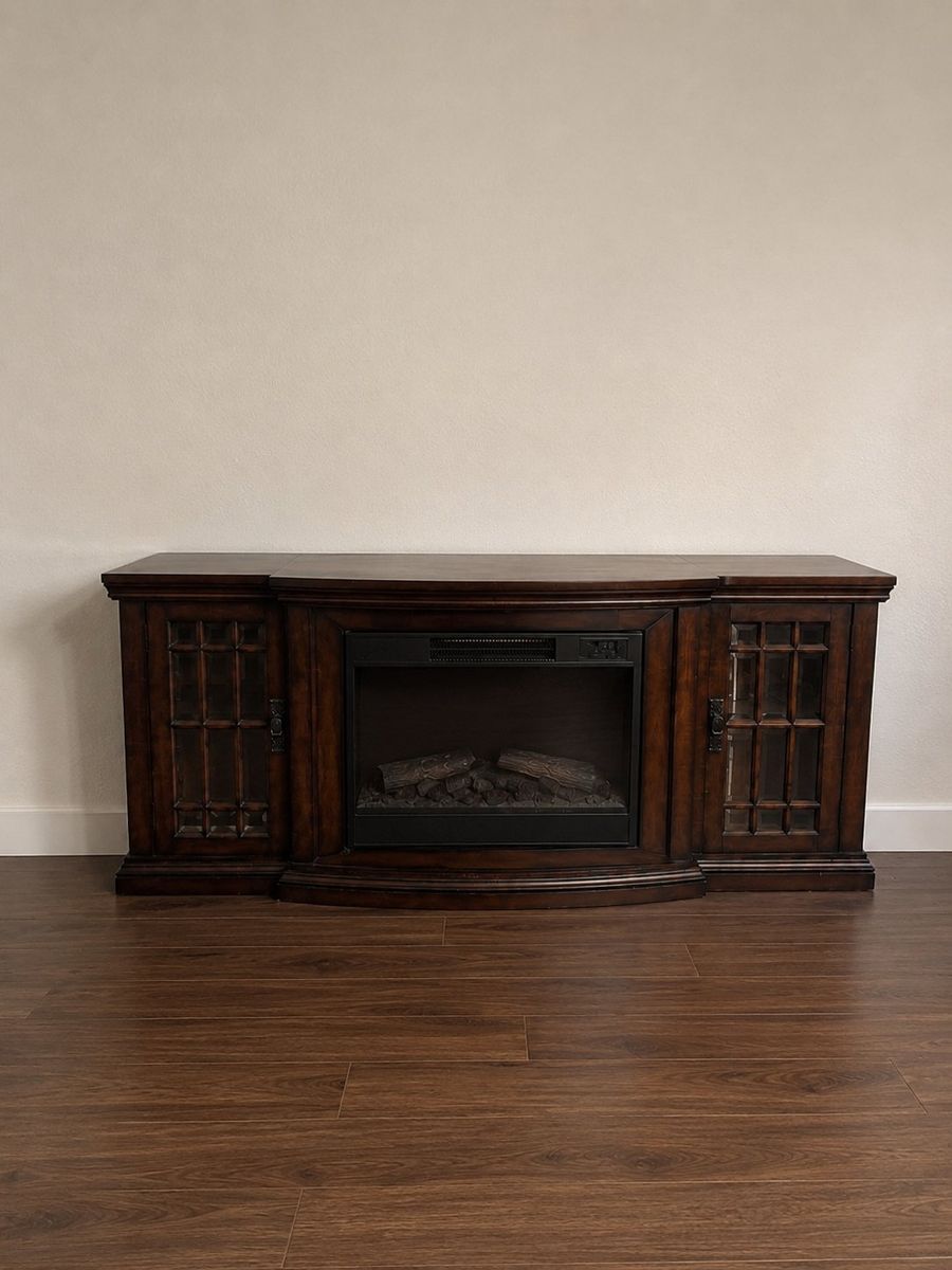 Electric Fireplace TV Stand Media Console, Dark Wood, Storage Cabinets, Faux Fireplace
