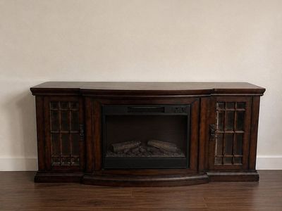 Electric Fireplace TV Stand Media Console, Dark Wood, Storage Cabinets, Faux Fireplace