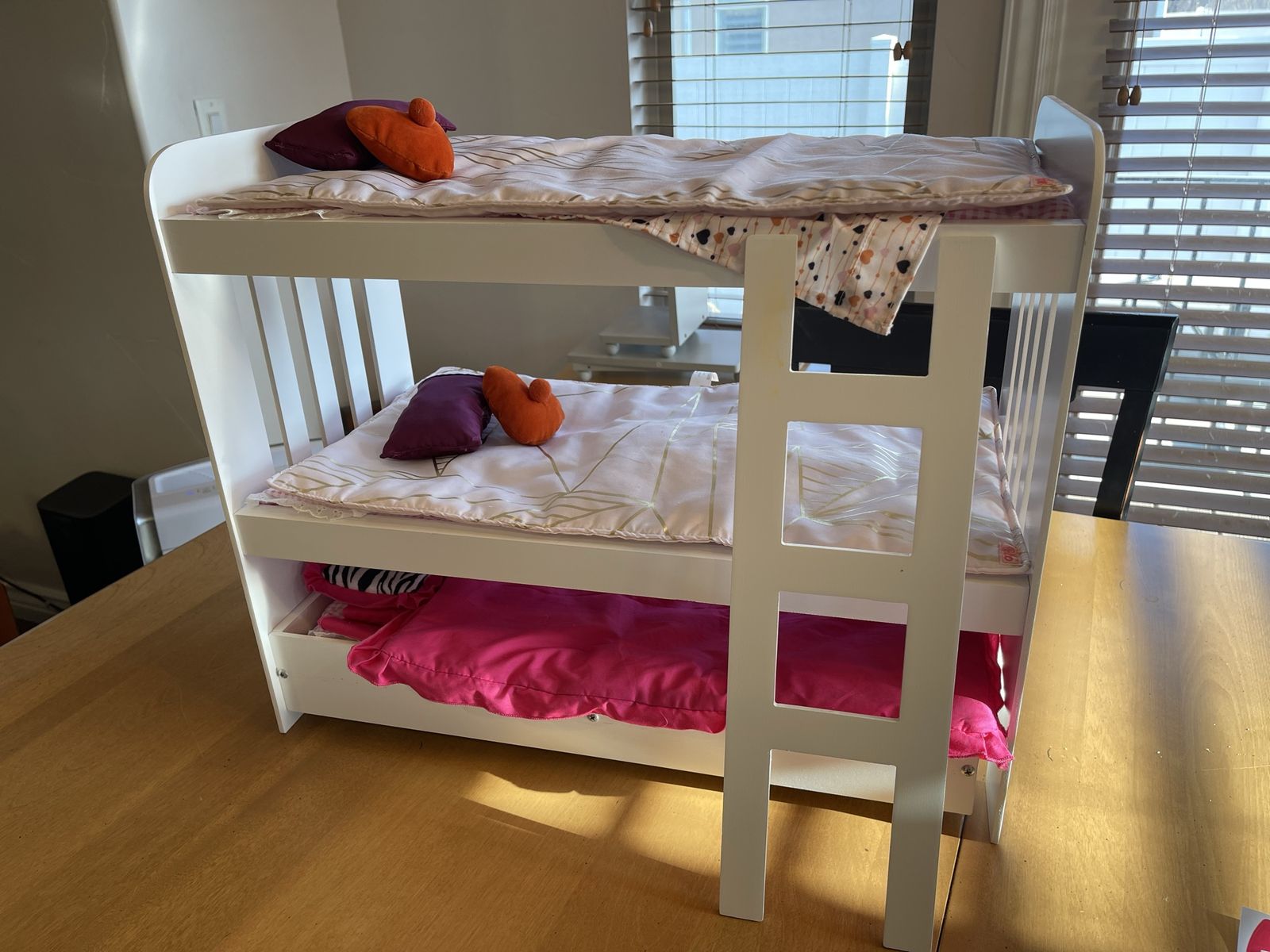 White Wooden Doll Bunk Bed with Trundle Bed, Ladder and Bedding - Fits 18-inch Dolls