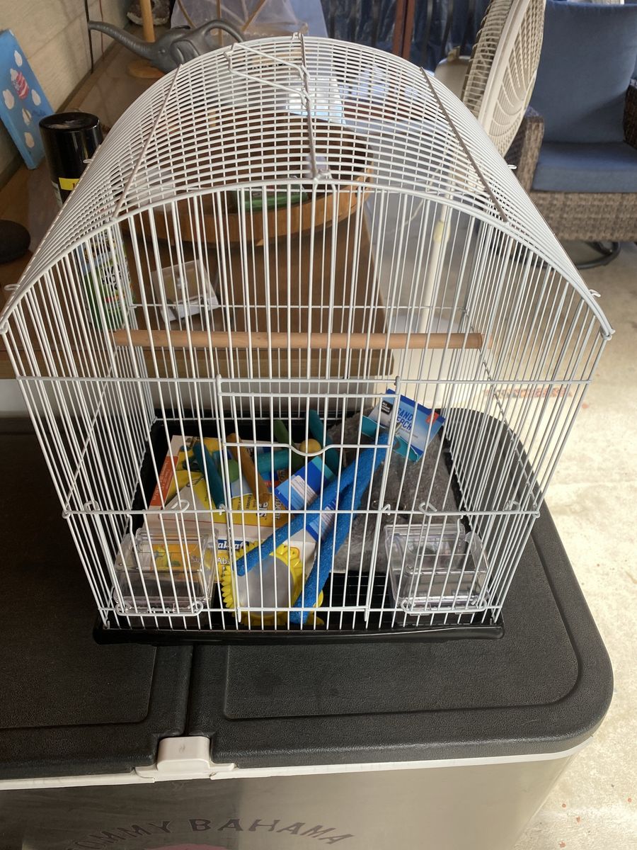 Small White Bird Cage with Assorted Perches, Feeders & Bed