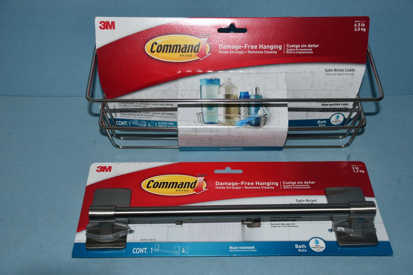 NEW COMMAND BASKET CADDY & HAND TOWEL BAR ~ SATIN NICKEL ~ BATH ~ RUST RESISTANT ~ BOTH for $5