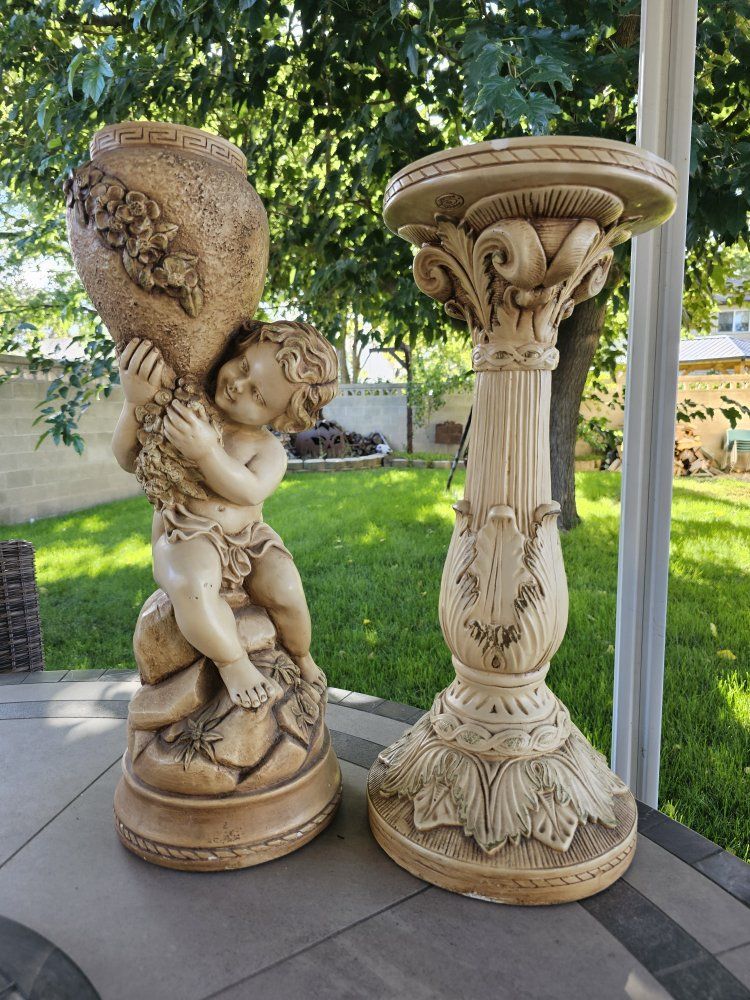 Neoclassical Cherub Figurine with Urn and Matching Column Stand