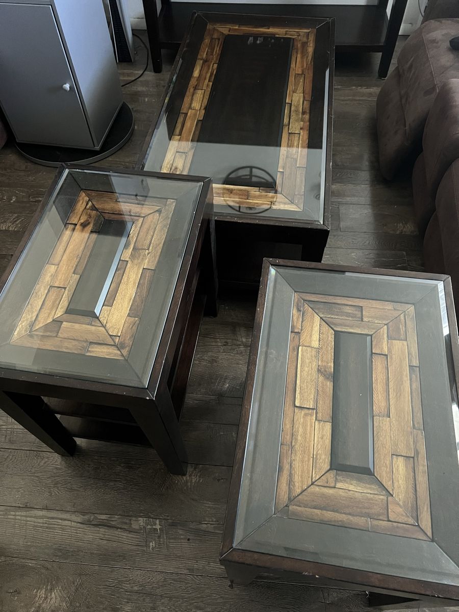 Glass Top Coffee Table & Two End Tables - Dark Wood & Glass Inlay Set