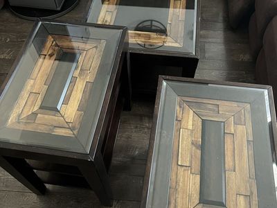 Glass Top Coffee Table & Two End Tables - Dark Wood & Glass Inlay Set