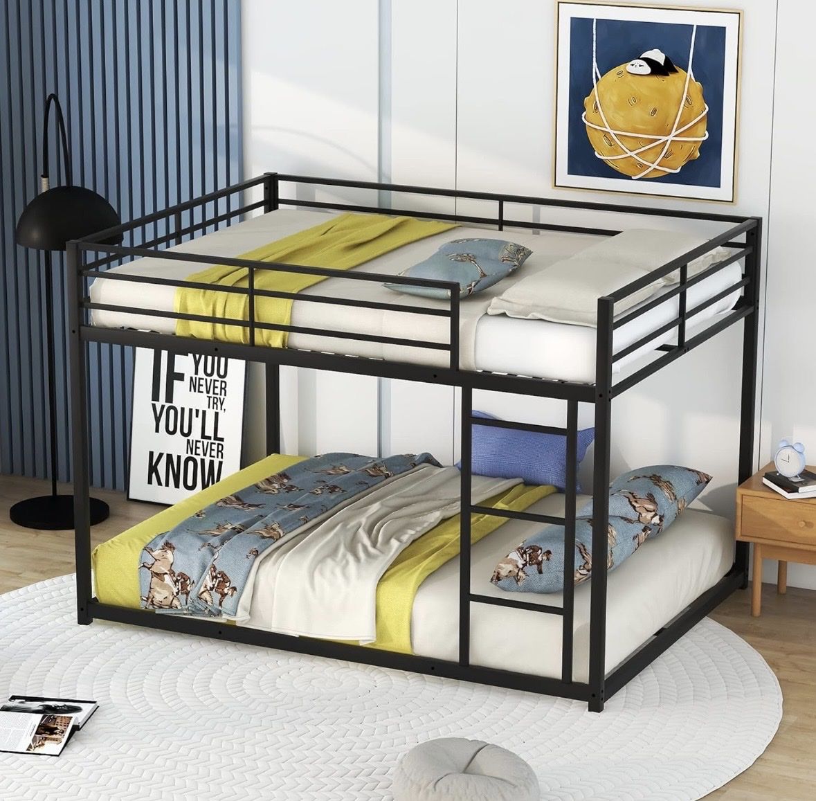 $75 Metal Bunk Bed full Over full, Heavy Duty Steel Slat Support, Safety Rail & Ladder, Black