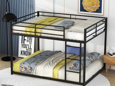 $75 Metal Bunk Bed full Over full, Heavy Duty Steel Slat Support, Safety Rail & Ladder, Black